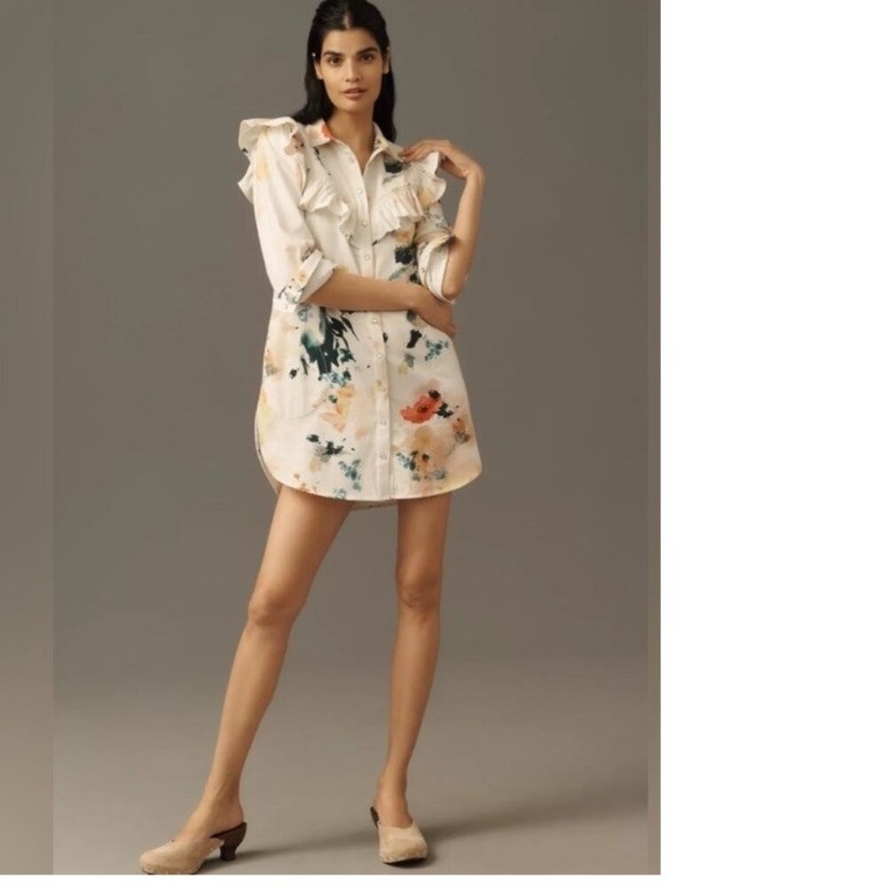 By Anthropologie Pilcro Long-Sleeve Ruffled Denim Mini Shirt Dress size M new - Picture 2 of 9